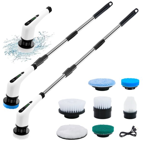 Rechargeable Electric Spin Scrubber, 7-in-1 Brush Heads, Adjustable Handle - Versatile & Powerful Cleaning for Home & Car